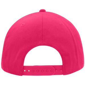 A bright pink cap featuring a smooth back design and an adjustable strap. It has a branding logo on the back.