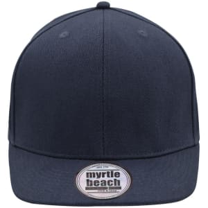 A navy blue 6-panel cap with a flat brim and a logo on the front.