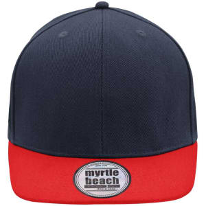 A six-panel cap featuring a navy top and red brim, with a branding label at the front.