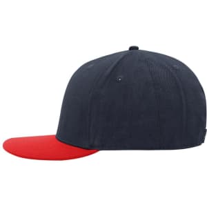 A navy cap with a red peak, featuring a logo on the side. It has a six-panel design.
