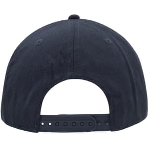A navy blue six-panel cap with a snapback closure and a plain design on the back.