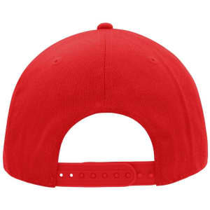 A red cap features a six-panel design and an adjustable strap at the back. It has a logo on the side.
