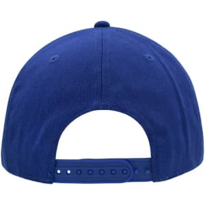 A blue 6-panel cap with a adjustable strap at the back, featuring a logo.