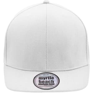 A white six-panel cap featuring a hard front and a flat brim. It has a logo on the underside of the brim.