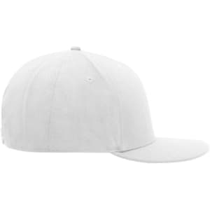 A white 6-panel cap with a flat brim and a branding logo on the side.