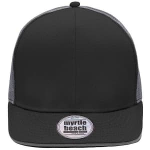 A black trucker cap with a grey mesh back and a branding logo on the front.