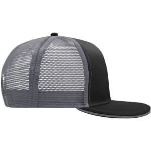 A black trucker cap featuring a grey mesh back and a flat peak, with a logo on the front.