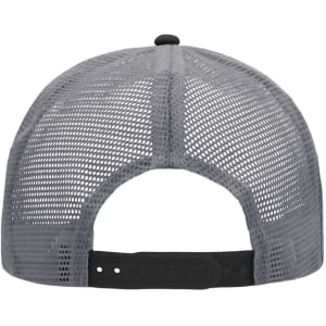 A grey mesh trucker cap featuring a six-panel design and a black adjustable strap at the back.
