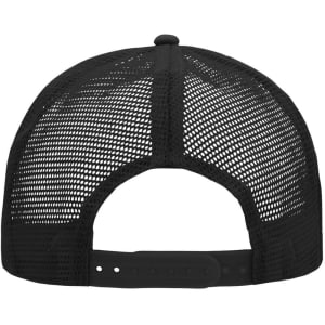 A black mesh trucker cap featuring a six-panel design and an adjustable strap at the back.