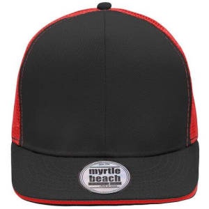 A black and red trucker cap featuring mesh panels and a branded logo on the front.
