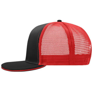 A black and red trucker cap with a mesh back and a flat brim, featuring a logo on the front.