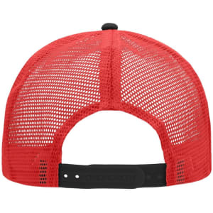 A red trucker cap with a mesh back, featuring a snap closure and a logo on the back.