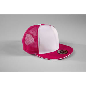 A pink and white 6-panel mesh trucker cap with a branded logo on the front.