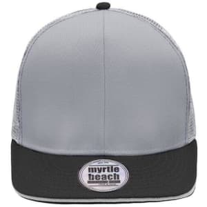 A grey and black trucker cap with a mesh back and a logo on the front panel.