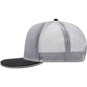 A grey and black six-panel trucker cap with a mesh back and a black visor, featuring a logo on the side.