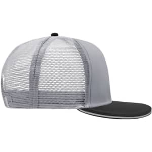 A grey and black trucker cap with a mesh back and a curved brim, featuring a logo.
