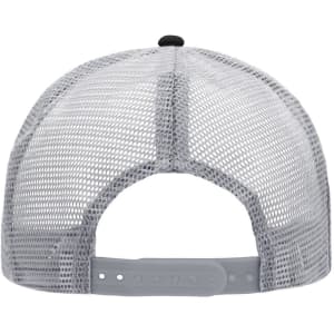 A grey mesh trucker cap featuring six panels and an adjustable strap at the back, with a logo present.