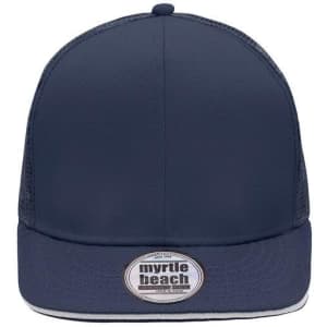 A navy blue trucker cap featuring a mesh back and a flat brim, with a logo at the front.