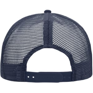 A navy blue trucker cap featuring a mesh design and an adjustable strap at the back. It has a logo detail.
