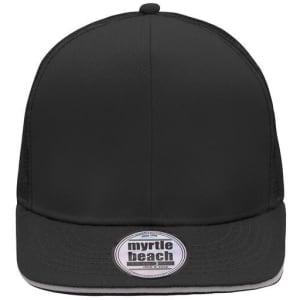 A black six-panel trucker cap featuring a rounded crown and a flat brim, with a logo on the front.