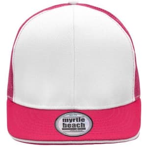 A pink and white trucker cap with a mesh design and a circular logo on the front.