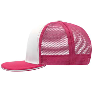 A pink and white trucker cap with a mesh back and a curved brim. It features a logo on the front.