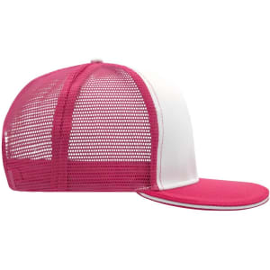 A pink and white trucker cap with a mesh back and a curved brim. It features a branding logo.