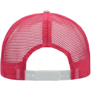 A pink mesh trucker cap featuring a six-panel design and an adjustable snapback closure.
