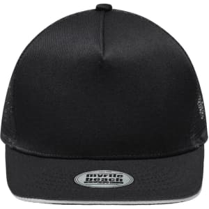 A black five-panel trucker cap with mesh back and a branded patch on the front.