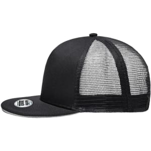 A black Pro Cap Mesh 5 Panel Trucker hat featuring a mesh back and a flat brim, with a logo present.