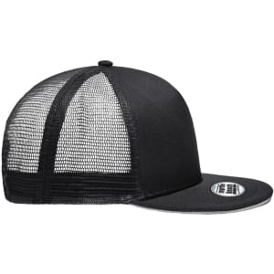 A black 5-panel trucker cap with a mesh back and a flat brim, featuring a logo on the side.