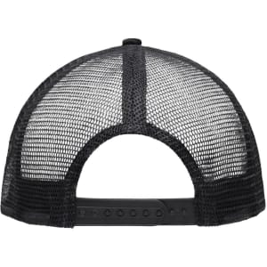 A black trucker cap with a mesh back and adjustable strap, featuring a logo on the back.