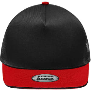 A black and red five-panel trucker cap featuring a mesh back and a logo on the front.