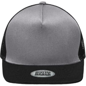 A grey and black mesh five-panel trucker cap with a branded logo on the front.