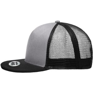 A grey and black five-panel trucker cap featuring a mesh back and a flat brim. It has a logo on the front.