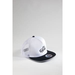 A white and black 5-panel trucker cap with a mesh back and a logo on the front.