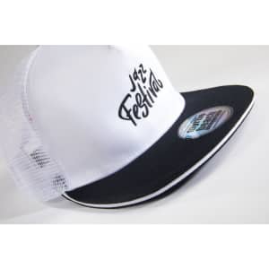 A white and black trucker cap featuring a mesh back and a curved brim, with a logo on the front.