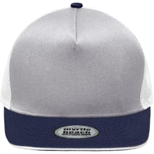 A grey and navy mesh 5-panel trucker cap featuring a logo on the front.