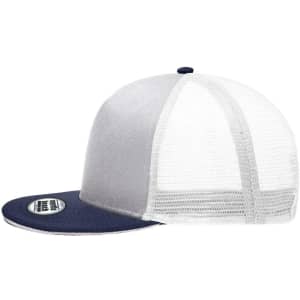 A grey and navy Pro Cap Mesh 5 Panel Trucker cap with a mesh back and a branded tag on the visor.