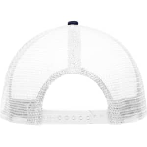 A white mesh trucker cap featuring a five-panel design and a navy peak, with a branding logo on the back.