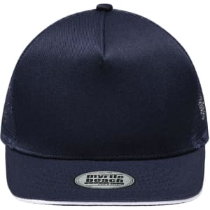 A navy blue 5-panel mesh trucker cap featuring a curved peak and a logo on the front.