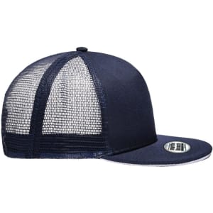 A navy blue 5-panel trucker cap with a mesh back and a branded patch on the front.