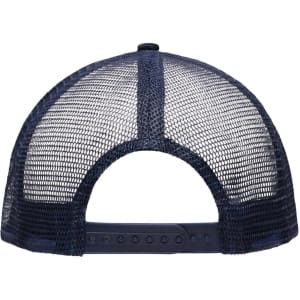 A navy blue 5-panel trucker cap featuring a mesh back and an adjustable strap. It includes a logo on the front.