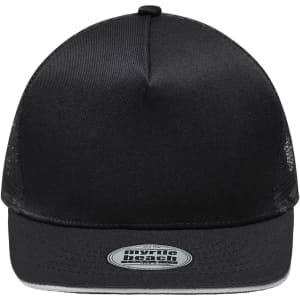 A black 5-panel trucker cap with a mesh back and a logo on the front panel.