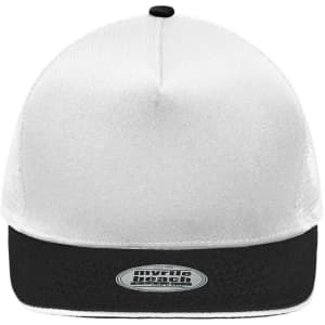 A trucker cap with a white front panel and a black brim, featuring a logo on the underside of the brim.