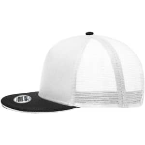 A trucker cap featuring a black front panel and a white mesh back, with a curved brim and a logo on the side.