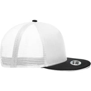 A black and white five-panel trucker cap with a mesh back and a flat brim. It features a logo on the front.