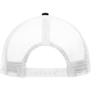 A white mesh trucker cap with a black adjuster at the back. Features a five-panel design and a logo.