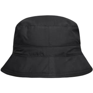 A black bucket hat featuring a simple design and a logo on the side.