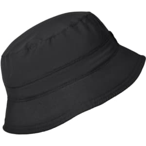 A black bucket hat with a rounded crown and wide, flexible brim, featuring a simple design and a logo.
